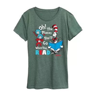 Oh Places Youll Go When You Read Womens Scoop Neck Short Sleeve Classic Fit Dr. Seuss Graphic T-Shirt