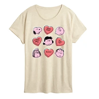 Candy Heart Grid Womens Crew Neck Short Sleeve Classic Fit Peanuts Graphic T-Shirt