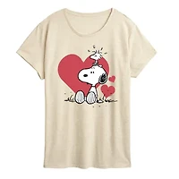 Snoopy And Woodstock Heart Womens Crew Neck Short Sleeve Classic Fit Peanuts Graphic T-Shirt