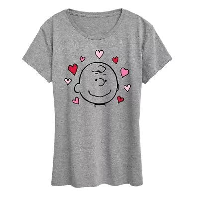Charlie Face With Hearts Womens Crew Neck Short Sleeve Classic Fit Peanuts Graphic T-Shirt