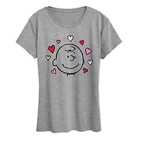 Charlie Face With Hearts Womens Crew Neck Short Sleeve Classic Fit Peanuts Graphic T-Shirt