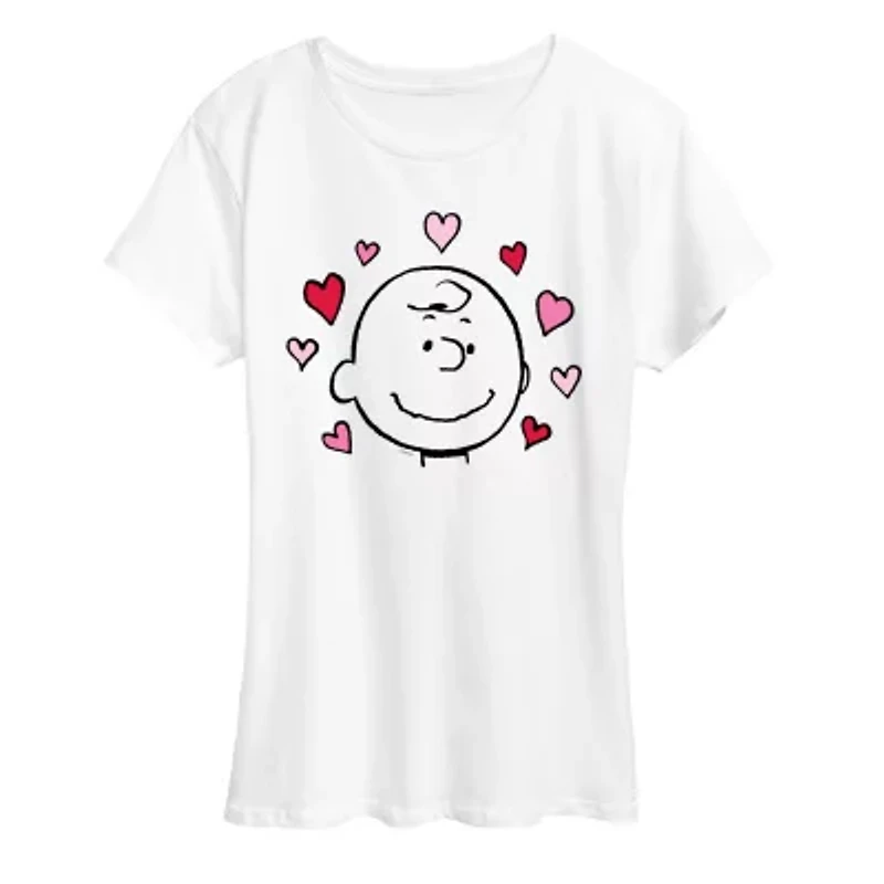 Charlie Face With Hearts Womens Crew Neck Short Sleeve Classic Fit Peanuts Graphic T-Shirt