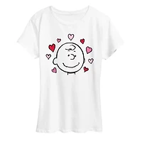 Charlie Face With Hearts Womens Crew Neck Short Sleeve Classic Fit Peanuts Graphic T-Shirt