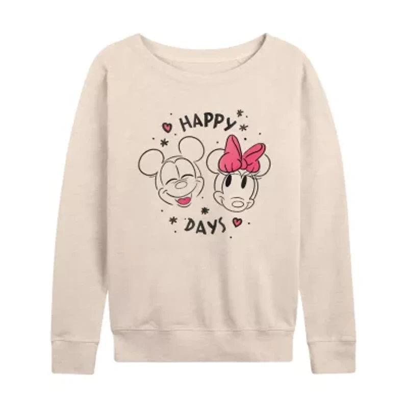 Mickey Minnie Happy Days Womens Boat Neck Long Sleeve Classic Fit and Friends Graphic T-Shirt
