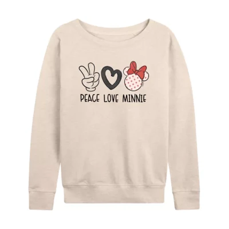 Peace Love Womens Boat Neck Long Sleeve Classic Fit Minnie Mouse Graphic T-Shirt