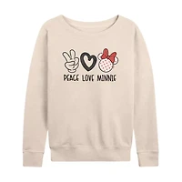 Peace Love Womens Boat Neck Long Sleeve Classic Fit Minnie Mouse Graphic T-Shirt