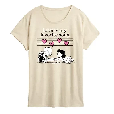 Peanuts Lucy And Schroeder Valentines Womens Crew Neck Short Sleeve Classic Fit Graphic T-Shirt