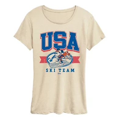 Usa Ski Team Womens Crew Neck Short Sleeve Classic Fit Mickey and Friends Graphic T-Shirt
