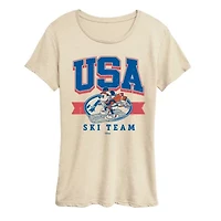 Usa Ski Team Womens Crew Neck Short Sleeve Classic Fit Mickey and Friends Graphic T-Shirt