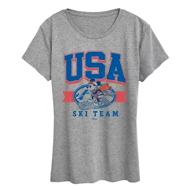Usa Ski Team Womens Crew Neck Short Sleeve Classic Fit Mickey and Friends Graphic T-Shirt