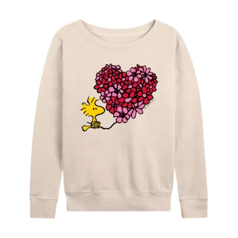 Woodstock Floral Heart Womens Boat Neck Long Sleeve Classic Fit Peanuts Graphic T-Shirt