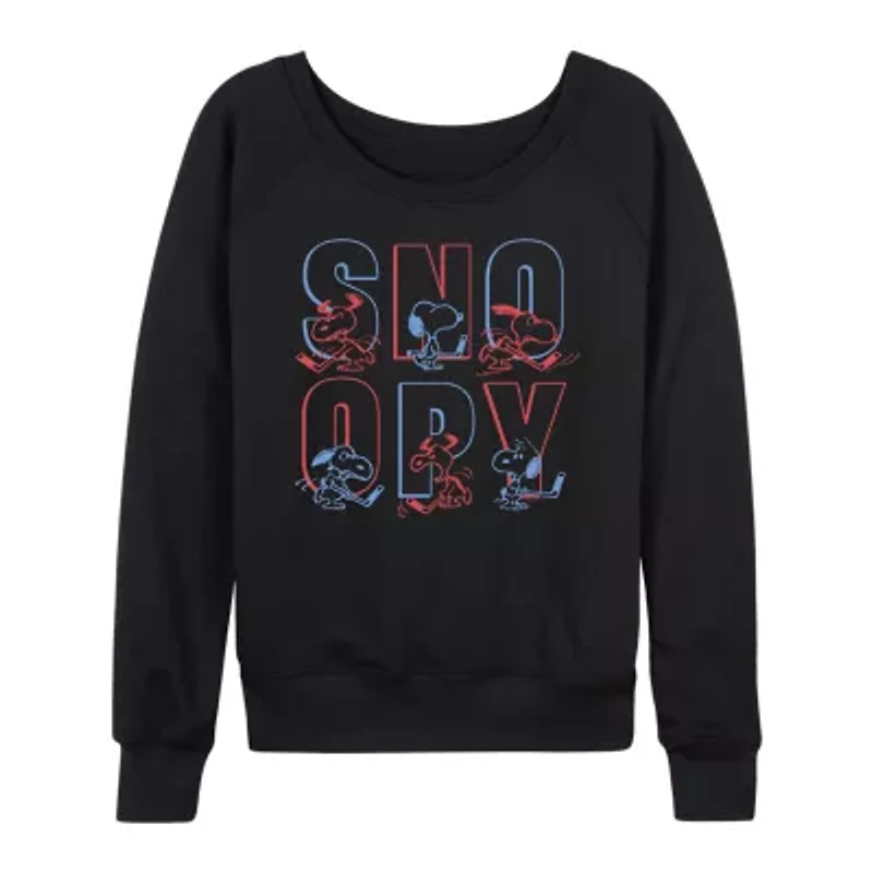 Hockey Snoopy Womens Boat Neck Long Sleeve Classic Fit Peanuts Graphic T-Shirt