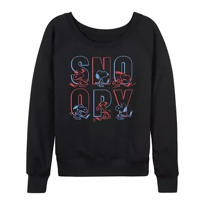 Hockey Snoopy Womens Boat Neck Long Sleeve Classic Fit Peanuts Graphic T-Shirt