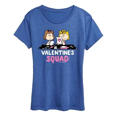 Peanuts Valentines Squad Womens Crew Neck Short Sleeve Classic Fit Graphic T-Shirt