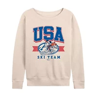 Usa Ski Team Womens Boat Neck Long Sleeve Classic Fit Mickey Mouse Graphic T-Shirt