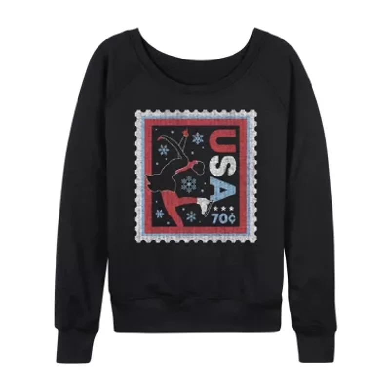 Figure Skater Stamp Womens Boat Neck Long Sleeve Classic Fit Graphic T-Shirt