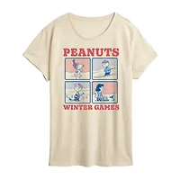 Peanuts Winter Games Wht Or Crm Only Womens Crew Neck Short Sleeve Classic Fit Graphic T-Shirt