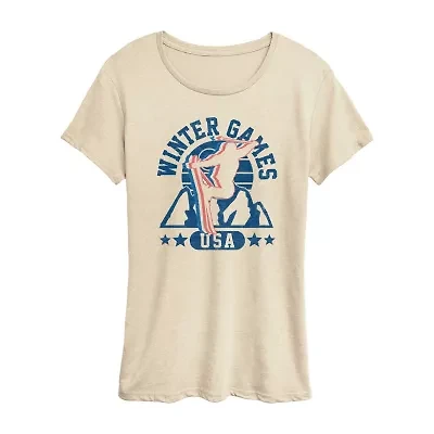 Winter Games Skiing Womens Crew Neck Short Sleeve Classic Fit Graphic T-Shirt