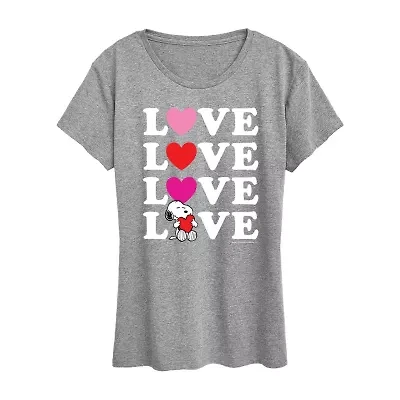 Peanuts Snoopy Love Stacked Womens Crew Neck Short Sleeve Classic Fit Graphic T-Shirt