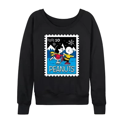 Lucy Charlie Winter Stamp Womens Boat Neck Long Sleeve Classic Fit Peanuts Graphic T-Shirt