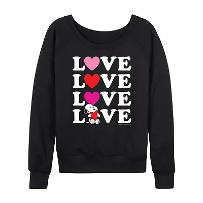 Peanuts Snoopy Love Stacked Womens Boat Neck Long Sleeve Classic Fit Graphic T-Shirt