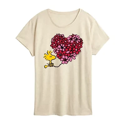 Peanuts Woodstock Floral Heart Womens Crew Neck Short Sleeve Classic Fit Graphic T-Shirt