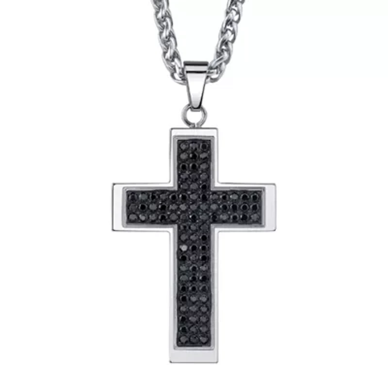 Mens Stainless Steel & Black Cubic Zirconia Cross Pendant Necklace