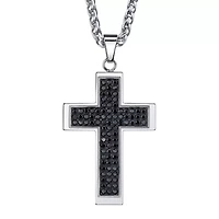 Mens Stainless Steel & Black Cubic Zirconia Cross Pendant Necklace