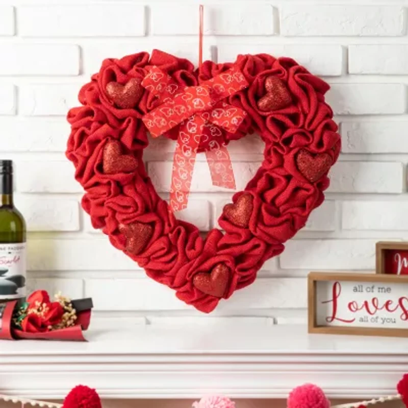 Glitzhome Red Burlap Heart Wreath