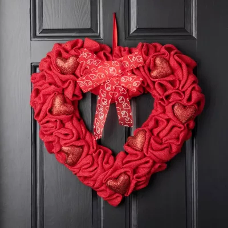 Glitzhome Red Burlap Heart Wreath