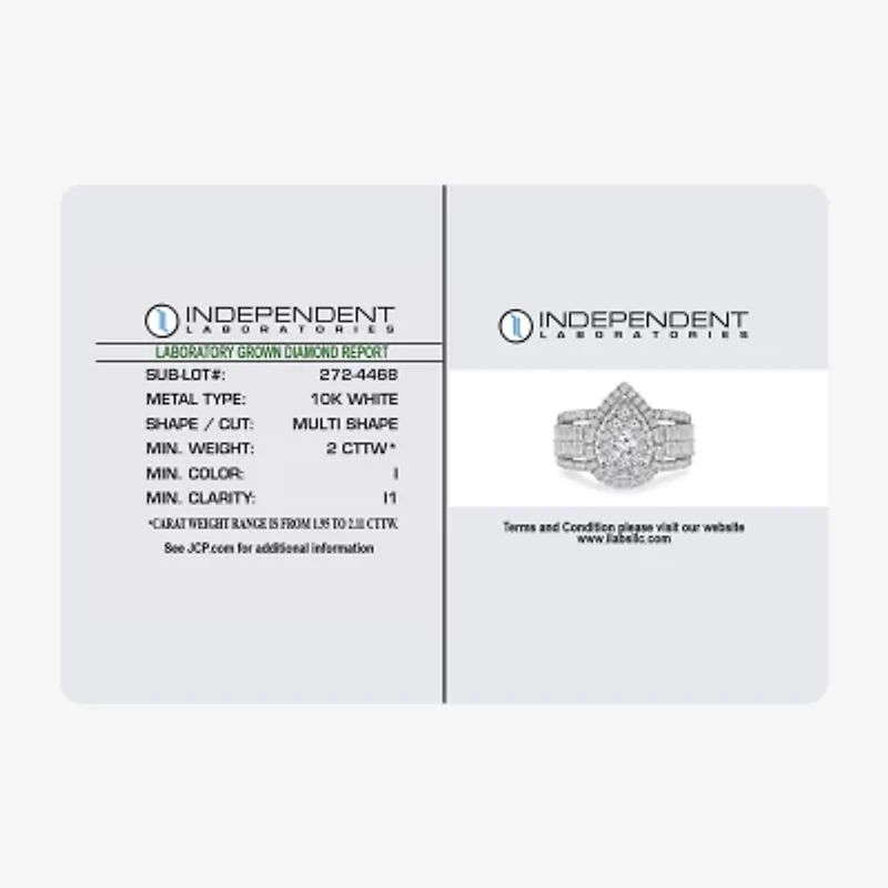 (I / I1) Womens 2 CT. T.W. Lab Grown White Diamond 10K Gold Pear Side Stone Halo Engagement Ring