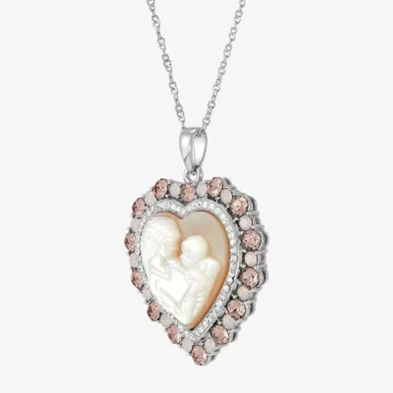 Womens Pink Mother Of Pearl Sterling Silver Cameo Heart 18 Inch Pendant Necklace
