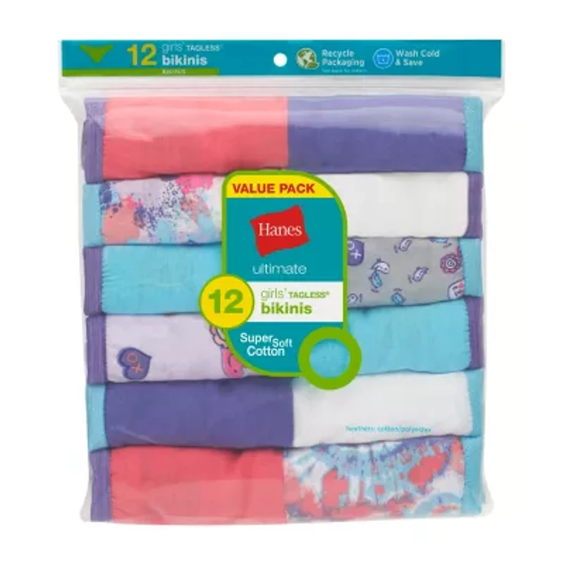 Hanes Ultimate Tagless Cotton Little & Big Girls 12 Pack Bikini Panty