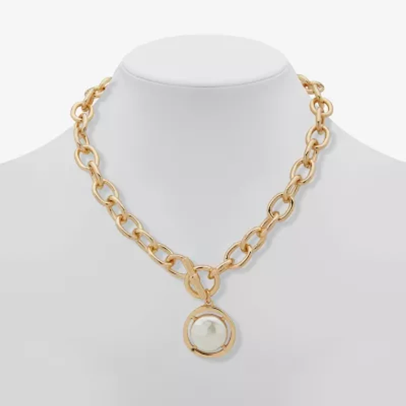 Worthington Gold Tone Toggle Womens White Simulated Pearl 17 Inch Pendant Necklace