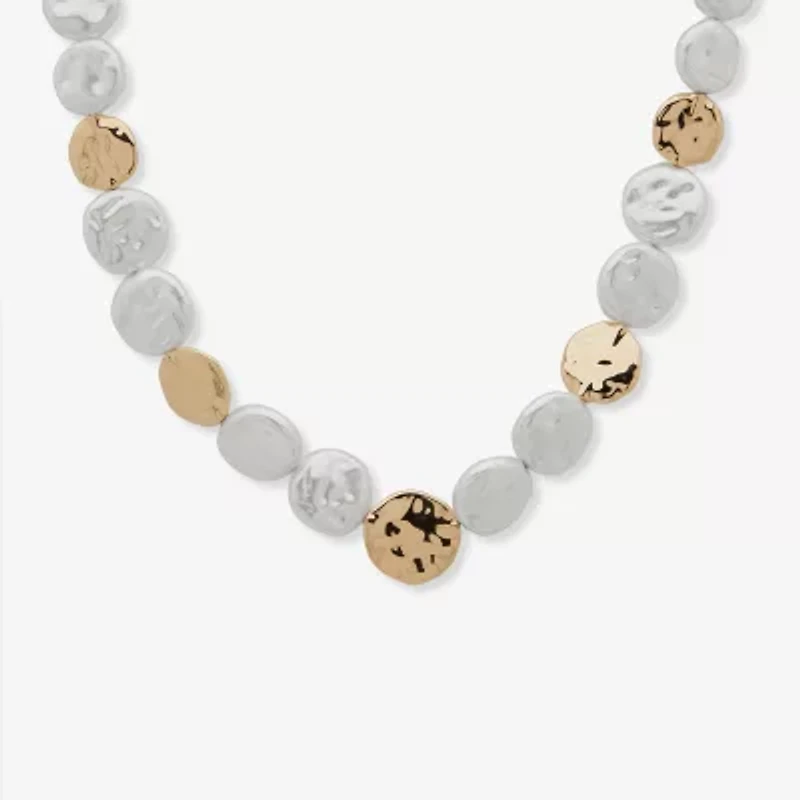 Worthington Gold Tone Beaded Womens White 17 Inch Collar Necklace