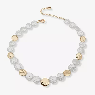 Worthington Gold Tone Beaded Womens White 17 Inch Collar Necklace