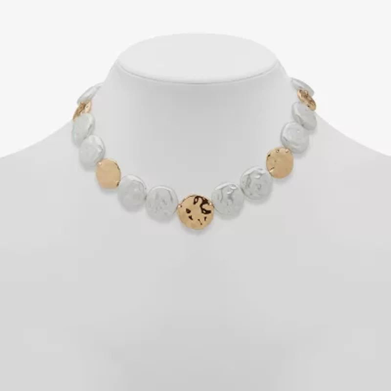 Worthington Gold Tone Beaded Womens White 17 Inch Collar Necklace