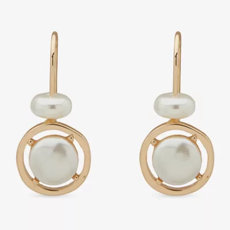 Worthington Gold Tone Womens White Simulated Pearl Oval Drop Earrings