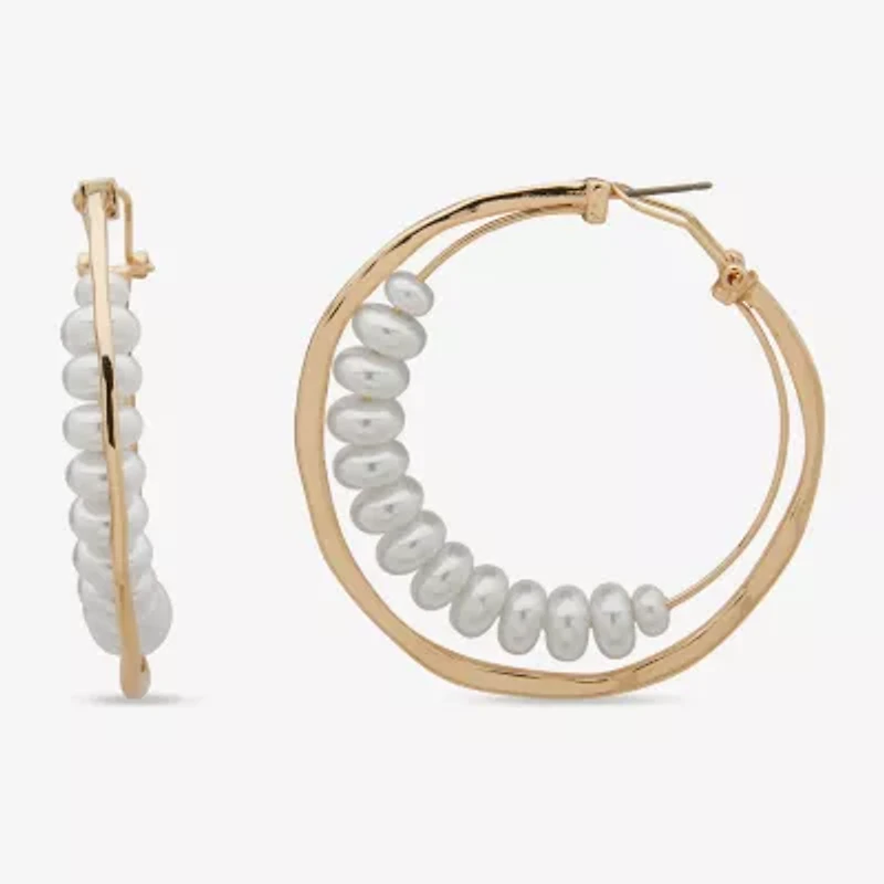 Worthington Gold Tone Beaded Womens White Simulated Pearl 55.8mm Hoop Earrings