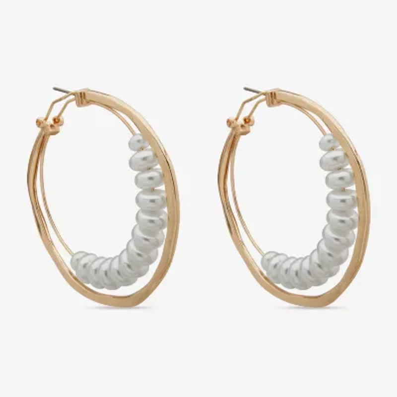 Worthington Gold Tone Beaded Womens White Simulated Pearl 55.8mm Hoop Earrings