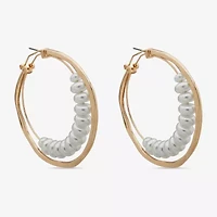Worthington Gold Tone Beaded Womens White Simulated Pearl 55.8mm Hoop Earrings