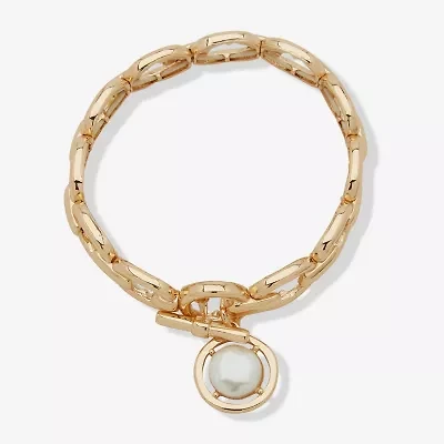 Worthington Gold Tone Toggle Womens White Simulated Pearl Stretch Bracelet