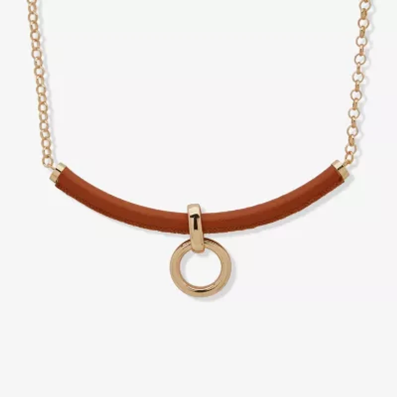 Worthington Gold Tone Cognac Leather Frontal Womens 17 Inch Collar Necklace
