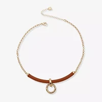 Worthington Gold Tone Cognac Leather Frontal Womens 17 Inch Collar Necklace