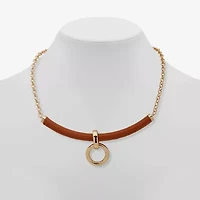 Worthington Gold Tone Cognac Leather Frontal Womens 17 Inch Collar Necklace