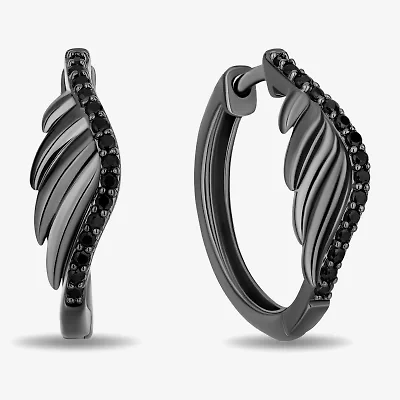 Enchanted Disney Fine Jewelry Womens 1/5 CT. Natural Black Diamond Sterling Silver 14.9mm Wing Maleficent Hoop Earrings