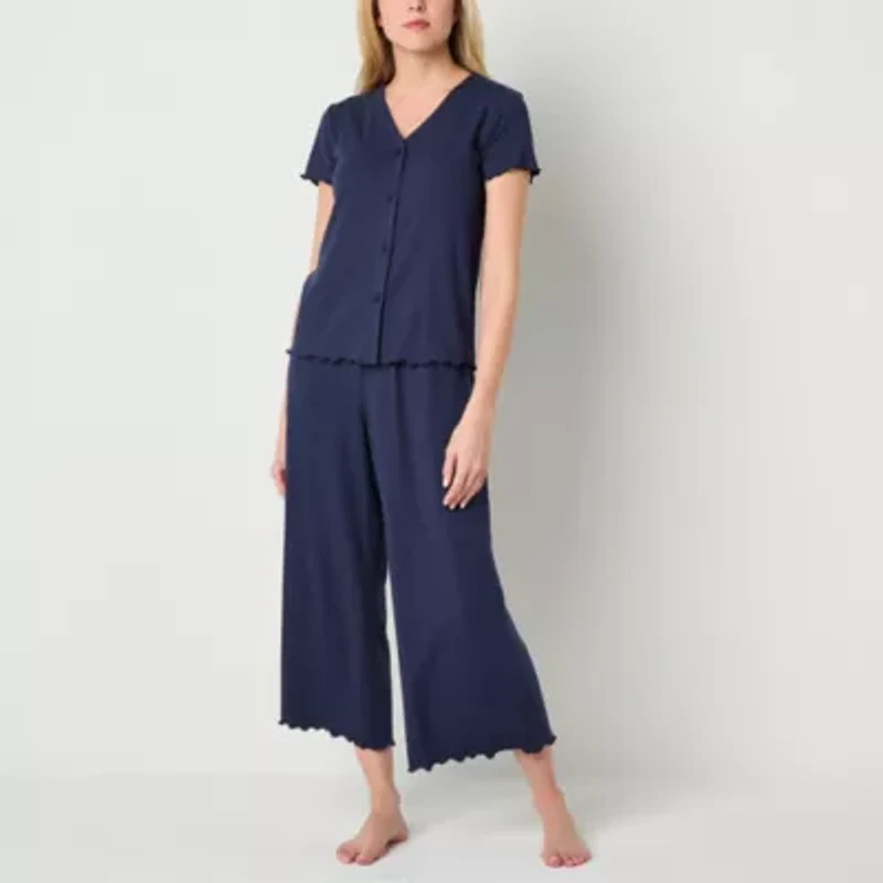 Liz Claiborne Womens Rib V-Neck Short Sleeve 2-pc. Pajama Sets