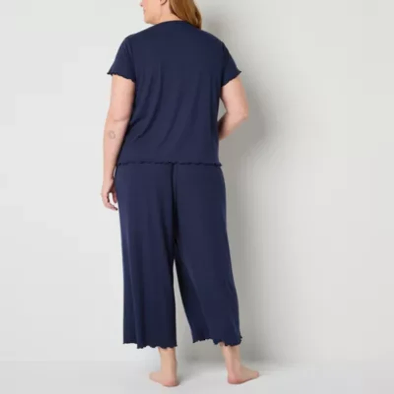 Liz Claiborne Womens Rib V-Neck Short Sleeve 2-pc. Plus Pajama Sets