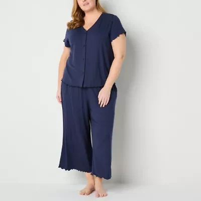Liz Claiborne Womens Rib V-Neck Short Sleeve 2-pc. Plus Pajama Sets