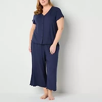 Liz Claiborne Womens Rib V-Neck Short Sleeve 2-pc. Plus Pajama Sets